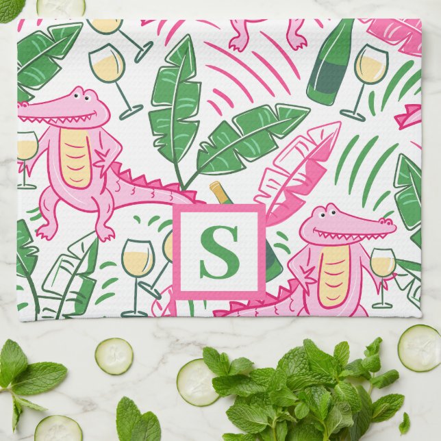 Preppy Alligator Wine Pink Green Monogram Kitchen Towel (Folded)