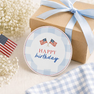 Preppy American Flag Blue Gingham Classic Round Sticker