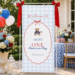 Preppy American Teddy Bear Blue Gingham Boy First Banner
