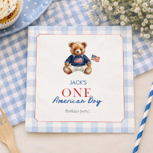Preppy American Teddy Bear Blue Gingham Boy First Napkin