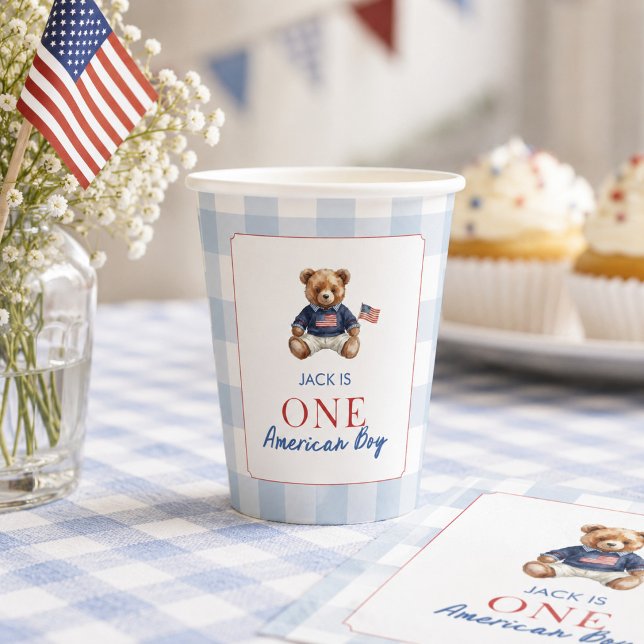 Preppy American Teddy Bear Blue Gingham Boy First  Paper Cups (Creator Uploaded)
