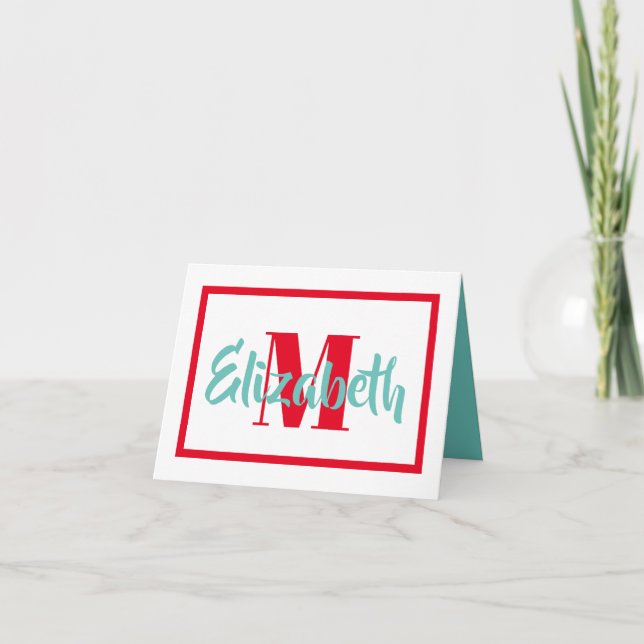 Preppy Aqua and Red Monogram Note Card (Front)