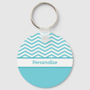 Preppy Aqua Blue and White Chevrons With Name Keychain