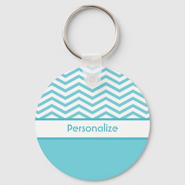 Preppy Aqua Blue and White Chevrons With Name Keychain (Front)