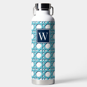Preppy Aqua Blue Rattan Cane Lattice Monogram Water Bottle