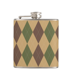 Preppy Argyle Khaki Army Green Brown Personalized Hip Flask