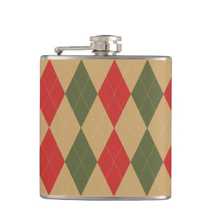 Preppy Argyle Khaki Army Green Red Personalized Hip Flask