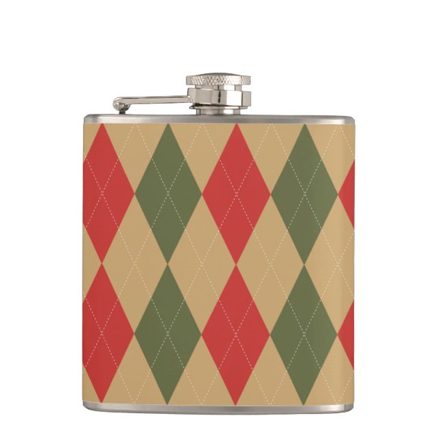Preppy Argyle Khaki Army Green Red Personalized Hip Flask (Front)