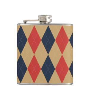 Preppy Argyle Khaki Navy Red Personalized Hip Flask