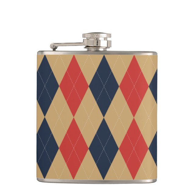 Preppy Argyle Khaki Navy Red Personalized Hip Flask (Front)