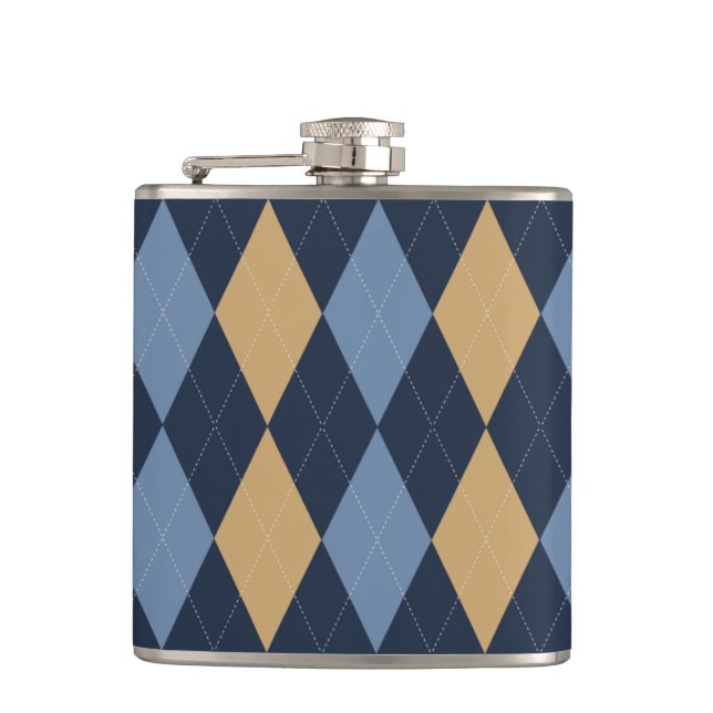 Preppy Argyle Navy Khaki Smoke Blue Personalized Hip Flask (Front)