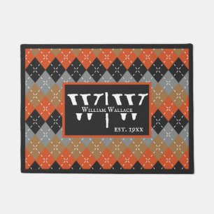 Preppy Argyle Orange Grey Argyle Personalized Doormat