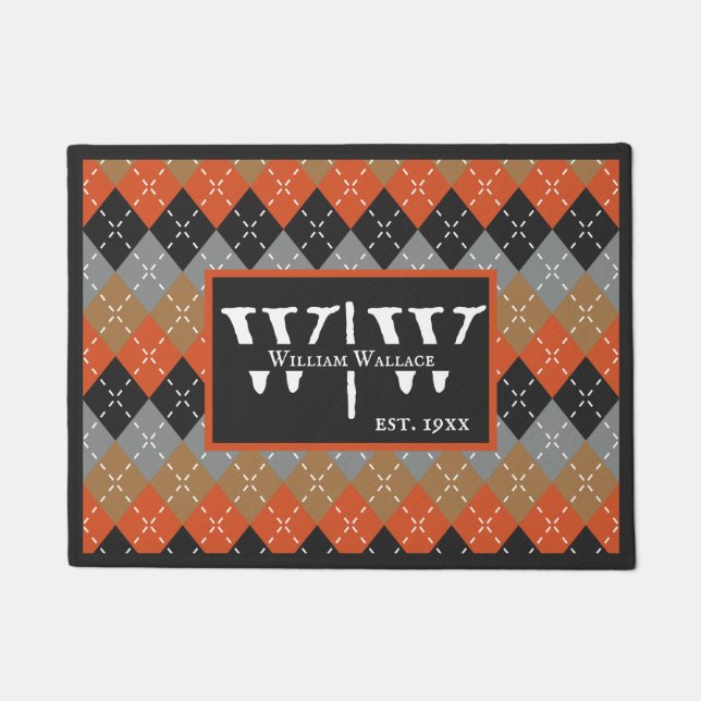Preppy Argyle Orange Grey Argyle Personalized Doormat (Front)