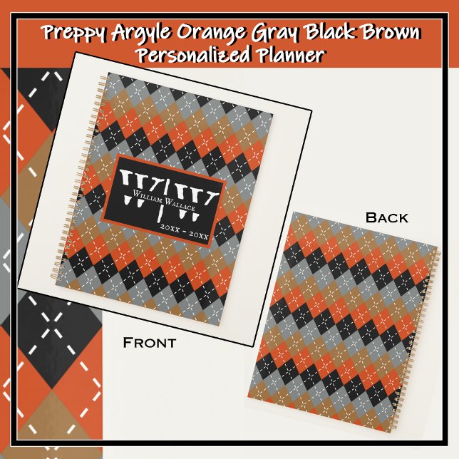 Preppy Argyle Orange Grey Black Brown Personalized Planner (Make a standout statement with this handsome, colorful, bold, unique, customizable daily planner. )