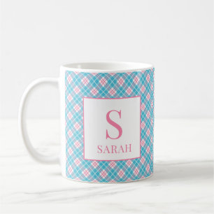 Preppy Argyle Pink Blue Custom Name Coffee Mug