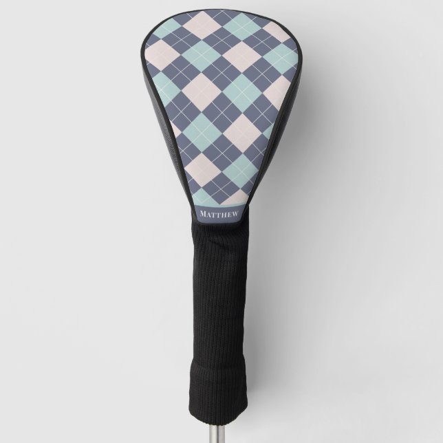 Preppy Argyle Plaid Pink Turquoise Denim Blue Golf Head Cover (Front)
