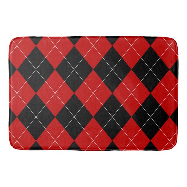 Preppy Argyle Tartan Diamond Plaid Red Black Bath Mat (Front)