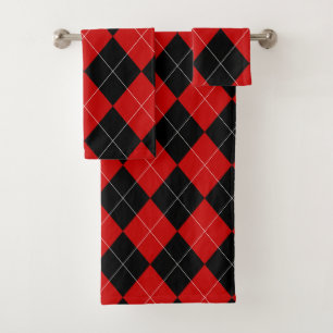 Preppy Argyle Tartan Diamond Plaid Red Black Bath Towel Set