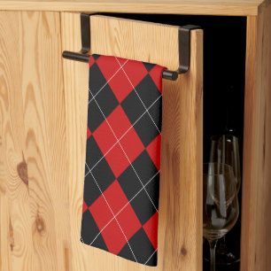 Preppy Argyle Tartan Diamond Plaid Red Black Kitchen Towel