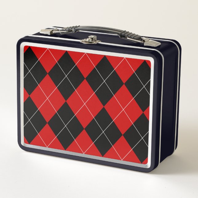 Preppy Argyle Tartan Diamond Plaid Red Black Metal Lunch Box (Front)