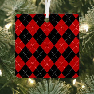 Preppy Argyle Tartan Diamond Plaid Red Black Metal Ornament