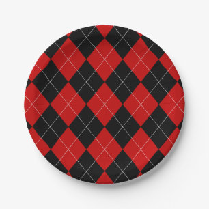 Preppy Argyle Tartan Diamond Plaid Red Black Paper Plate
