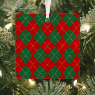 Preppy Argyle Tartan Diamond Plaid Red Green Metal Ornament