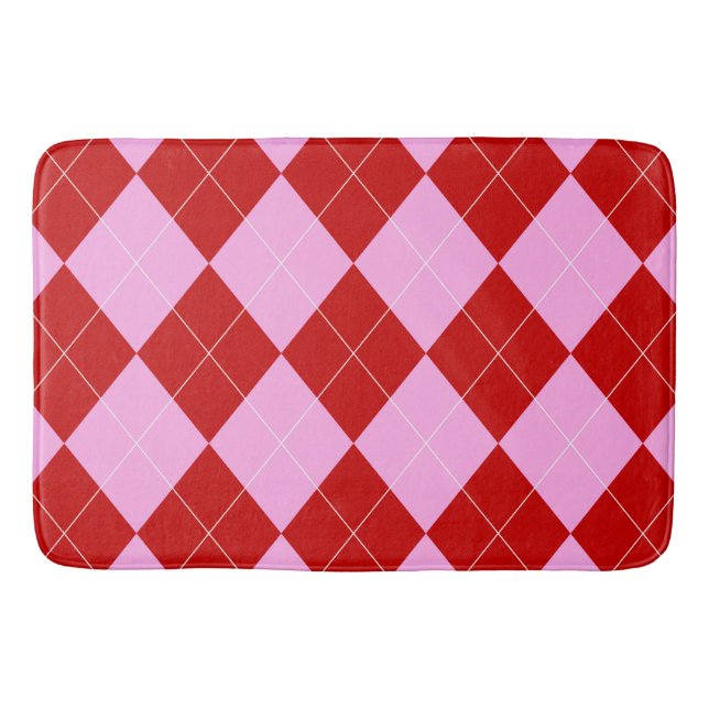 Preppy Argyle Tartan Diamond Plaid Red Pink Bath Mat (Front)