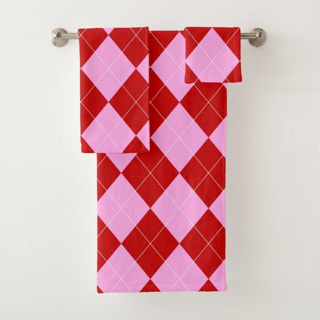Preppy Argyle Tartan Diamond Plaid Red Pink Bath Towel Set (Insitu)