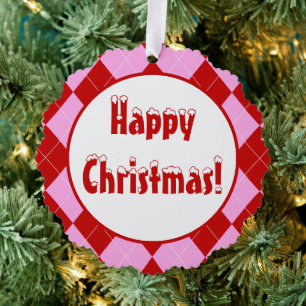 Preppy Argyle Tartan Diamond Plaid Red Pink Ornament Card