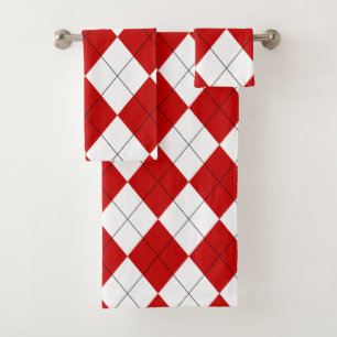 Preppy Argyle Tartan Diamond Plaid Red White Bath Towel Set