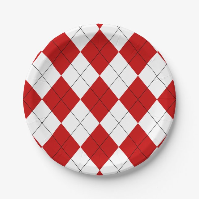 Preppy Argyle Tartan Diamond Plaid Red White Paper Plate (Front)