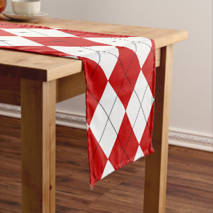 Preppy Argyle Tartan Diamond Plaid Red White Short Table Runner