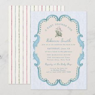 Preppy Baby Boy Blue Grandmillennial Baby Shower Invitation