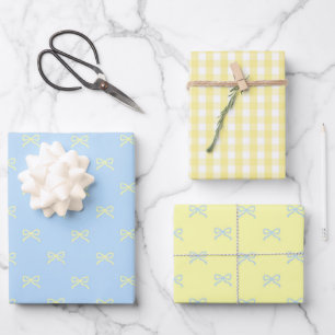 Preppy Baby Girl Shower Blue Yellow Bow Gingham Wrapping Paper Sheet