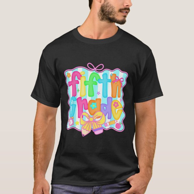 Preppy Back To School 5th Grade Coquette Bow Girls T-Shirt (Front)