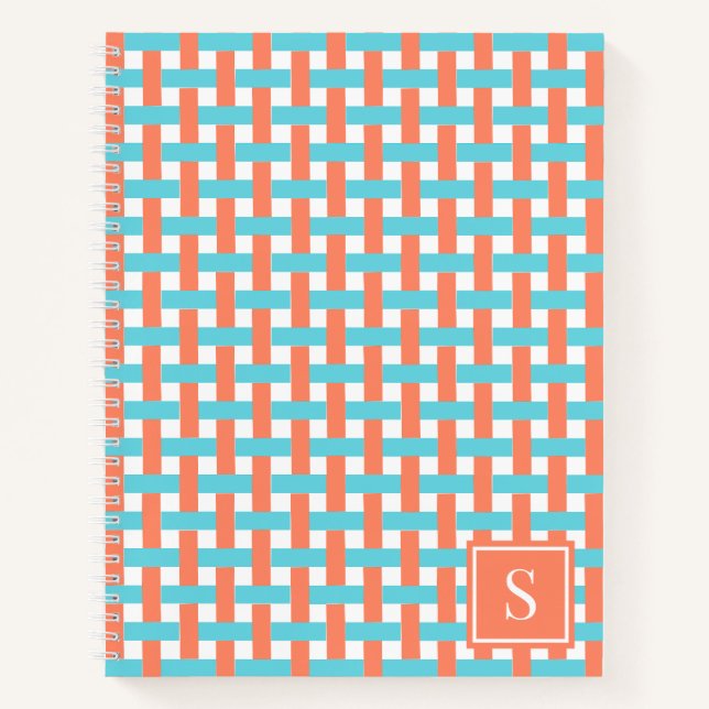 Preppy Basket Weave – Coral & Turquoise Monogram Notebook (Front)