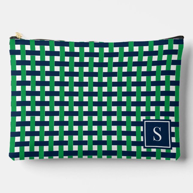 Preppy Basket Weave – Navy & Green Monogram Accessory Pouch (Front)