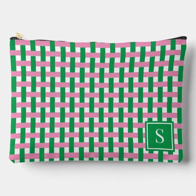 Preppy Basket Weave – Pink & Green Monogram Accessory Pouch (Front)