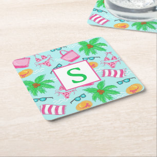 Preppy Beach Bikini Towel Palm Tree Towel Initial Square Paper Coaster