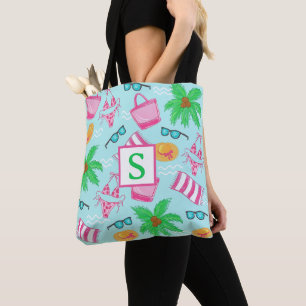 Preppy Beach Bikini Towel Palm Tree Towel Monogram Tote Bag