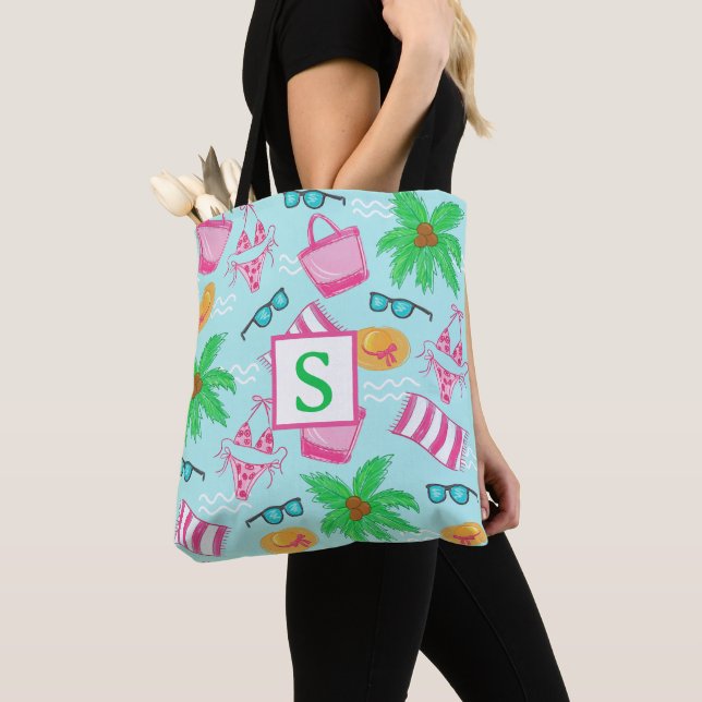 Preppy Beach Bikini Towel Palm Tree Towel Monogram Tote Bag (Close Up)