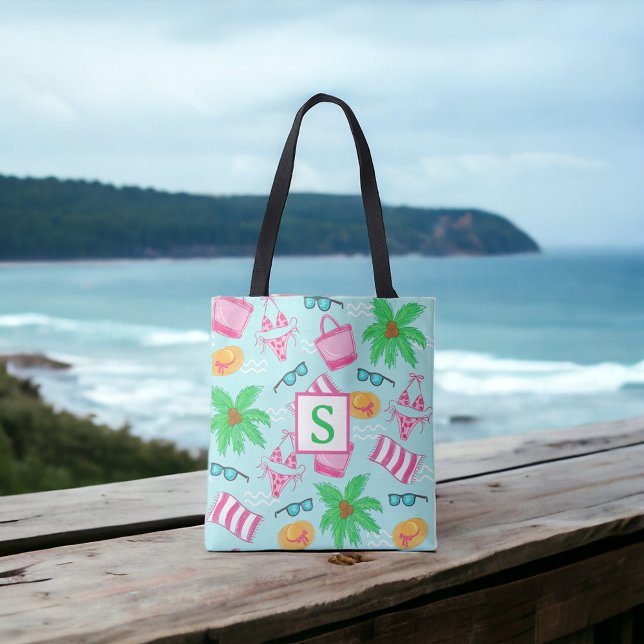 Preppy Beach Scene Bikini Towel Palm Tree Towel Tote Bag (Creator Uploaded)