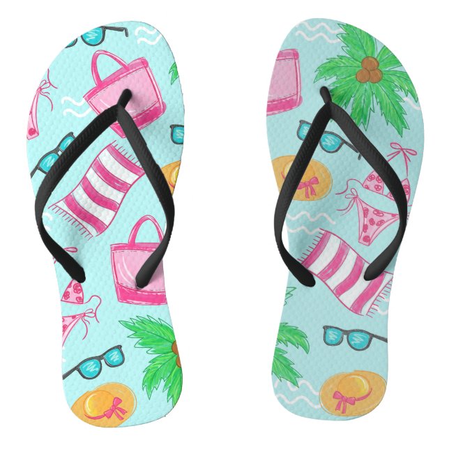 Preppy Beach Scene Coastal Bikini Palm Tree Flip Flops (Footbed)