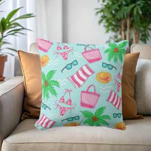 Preppy Beach Scene with Bikini, Palm Tree Towel Throw Pillow
