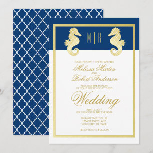 Preppy Beach Seahorse Navy Gold Wedding Invitation
