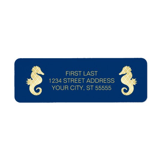 Preppy Beach Seahorse Navy Gold Wedding Return Address Label
