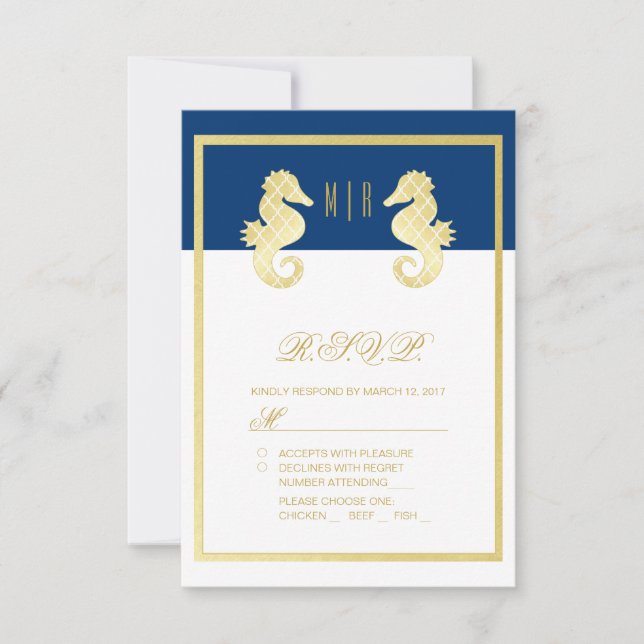 Preppy Beach Seahorse Navy Gold Wedding RSVP (Front)