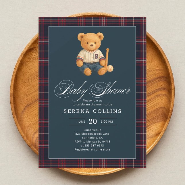 Preppy Bear Baseball Plaid Baby Shower Invitation (Creator Uploaded)
