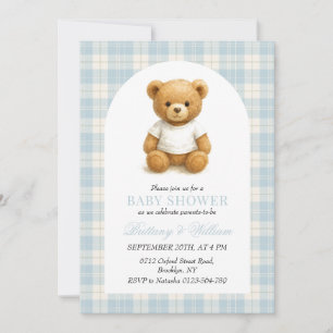 Preppy Bear Blue Plaid Arch Baby Shower Invitation